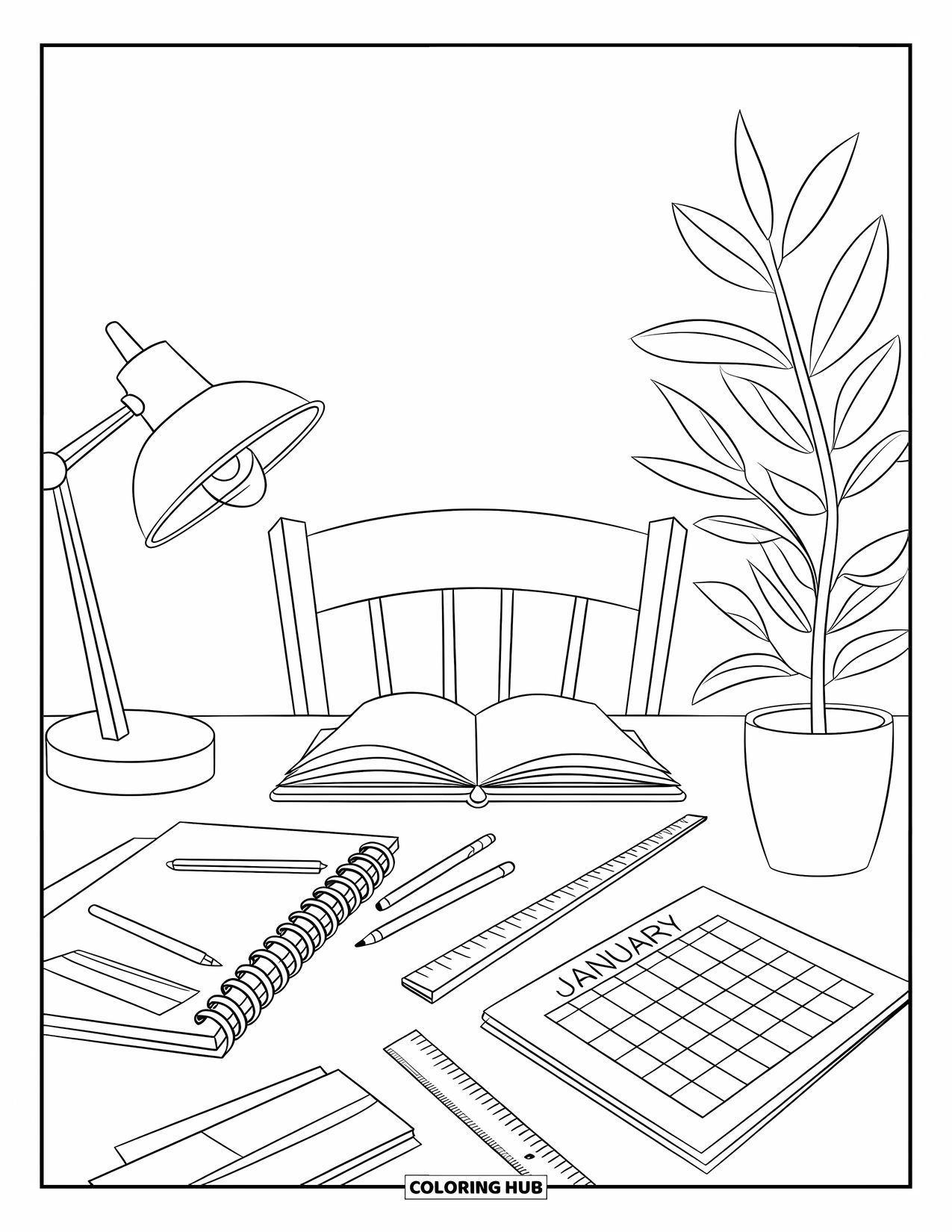 January Coloring Page for Kids: Back-to-school desk with calendar, lamp, and January goals