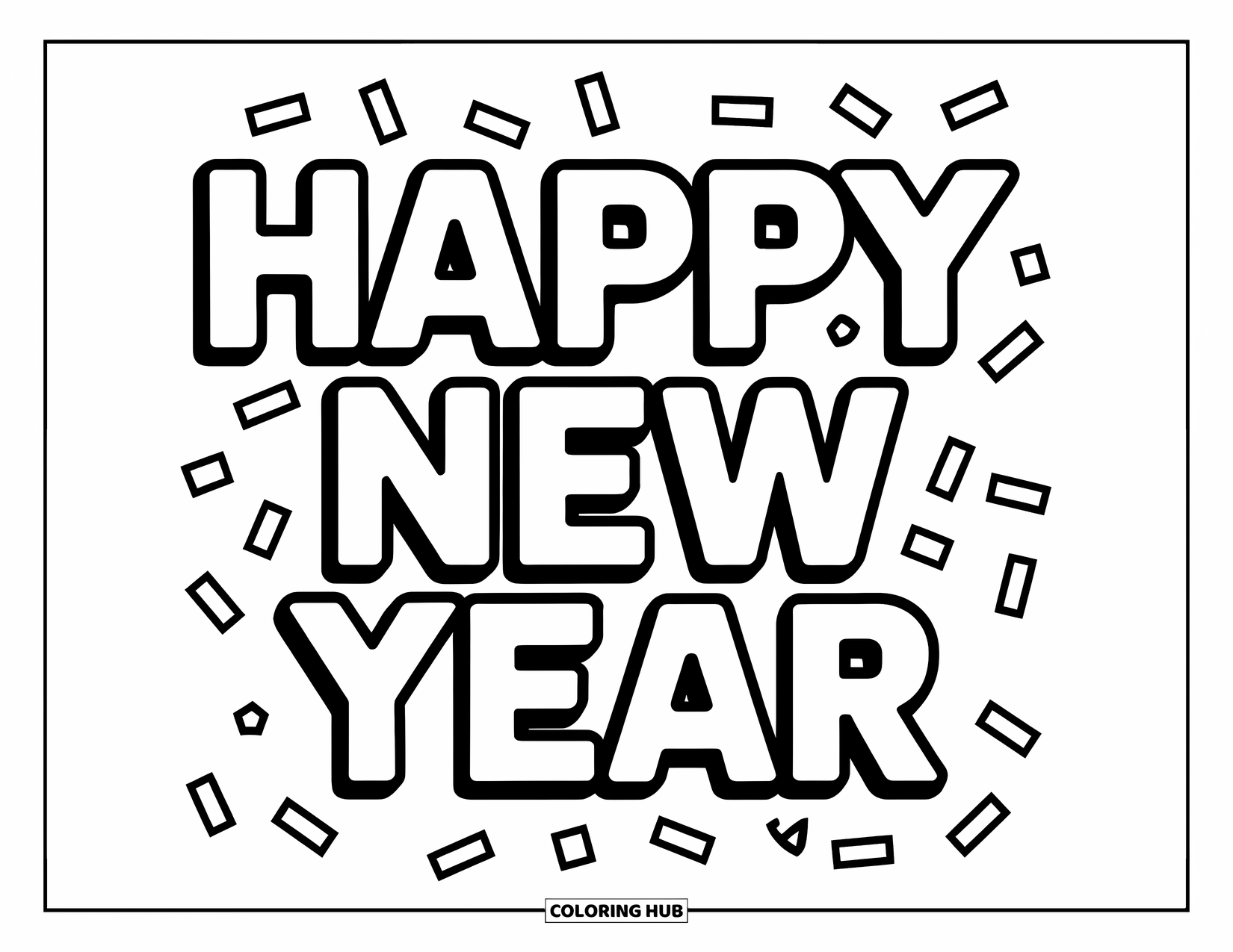 January Coloring Page for Kids: Big "Happy New Year" text with confetti all around