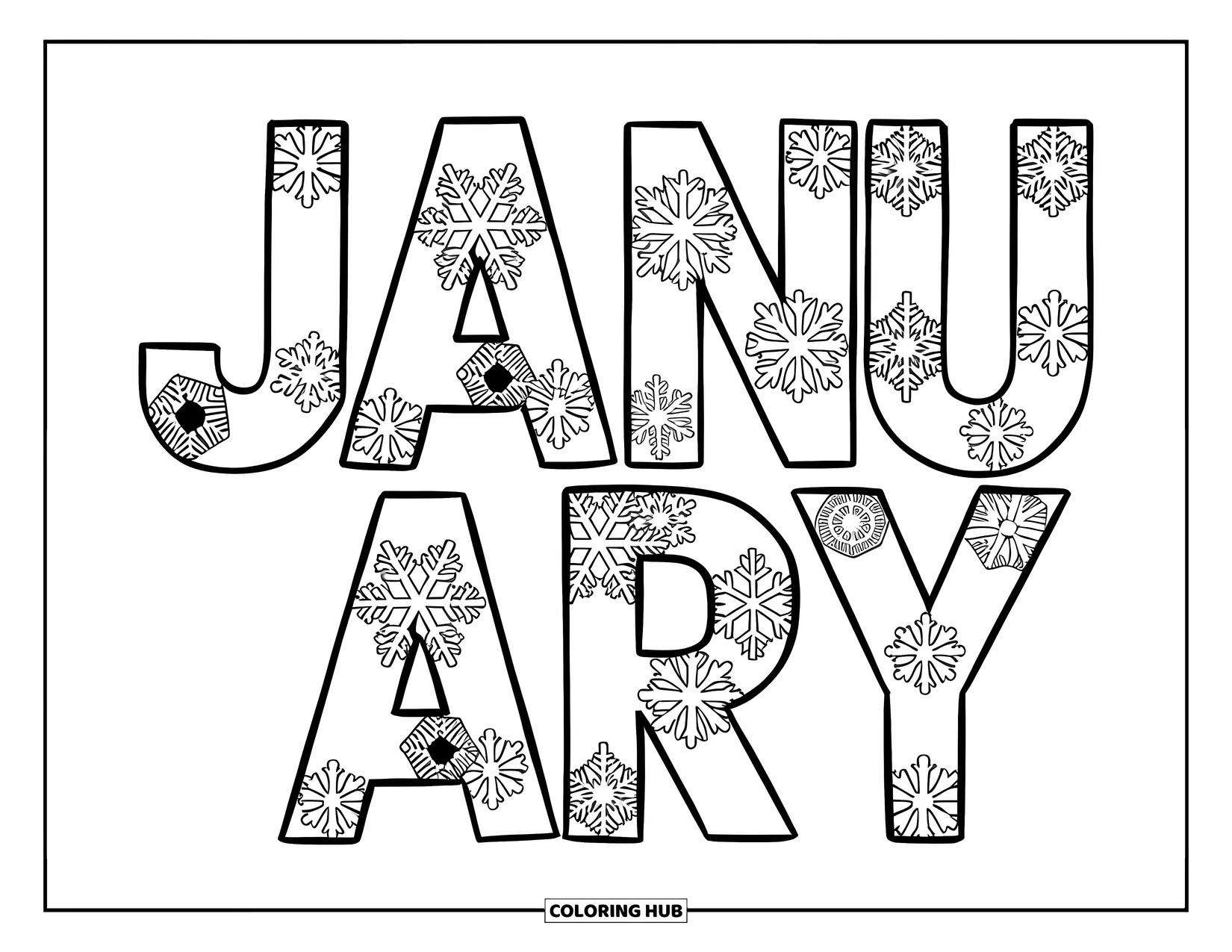 January Coloring Page for Kids: Bold January text filled with scattered snowflakes