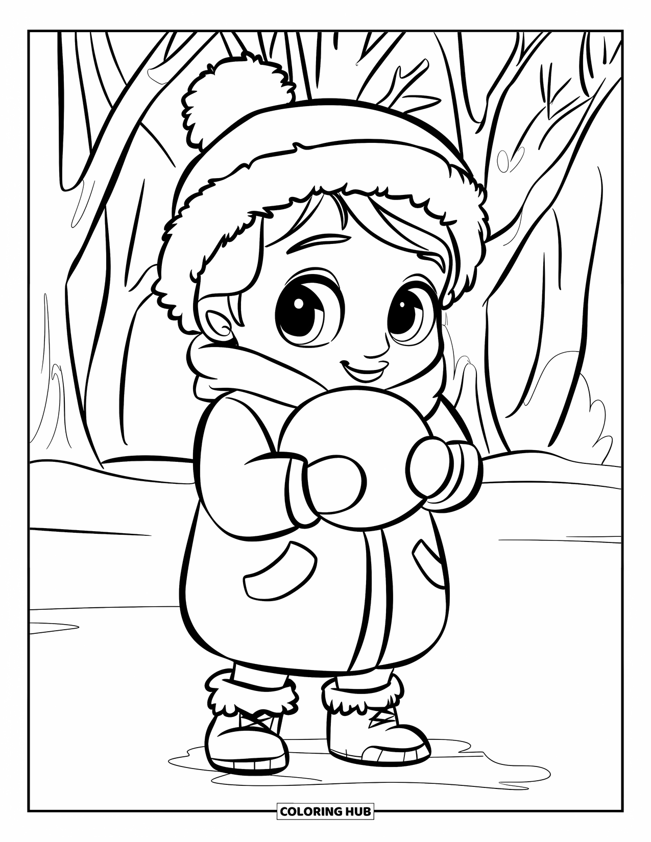 January Coloring Page for Kids: Chibi child with a snowball, bundled in a winter coat and boots