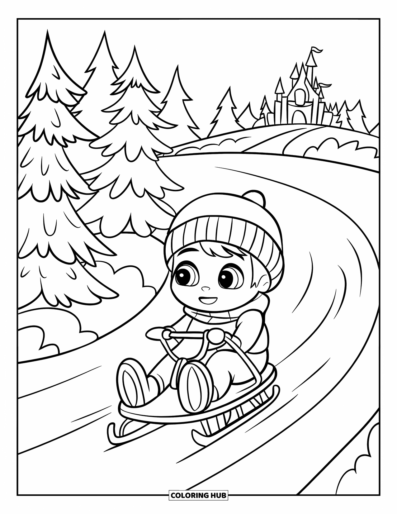 January Coloring Page for Kids: Chibi kid sledding down a snow-covered hill with pine trees around