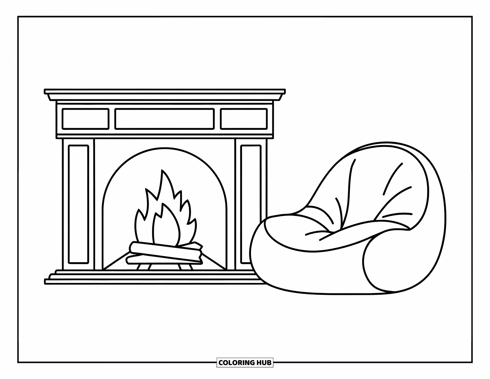 January Coloring Page for Kids: Cozy fireplace scene with a rug and a soft bean bag