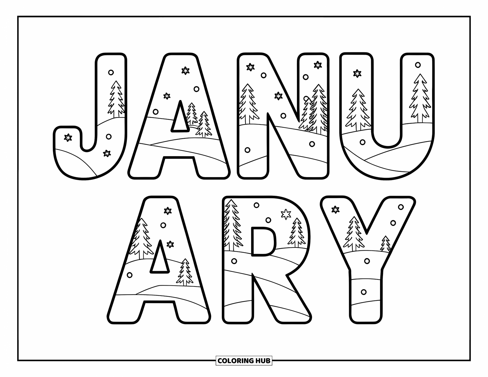 January Coloring Page for Kids: Each January letter holds a snowy scene with trees and gentle snowfall