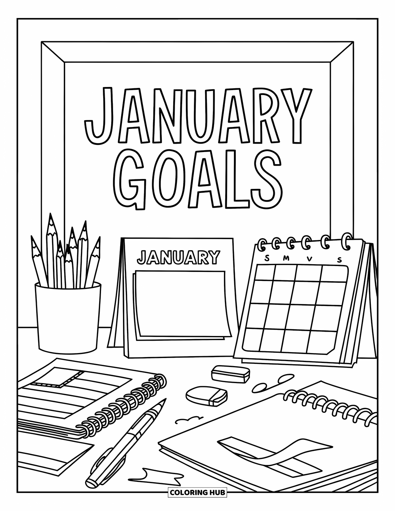 January Coloring Page for Kids: January desk scene with books, ruler, and chalkboard