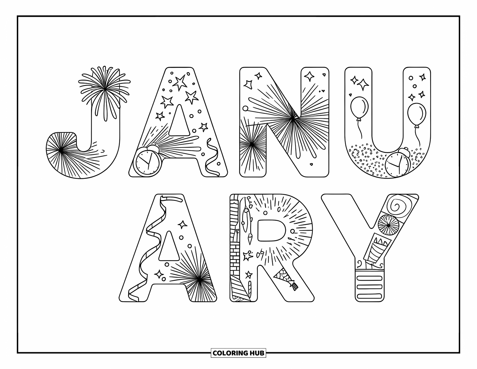 January Coloring Page for Kids: January letters filled with fireworks, balloons, clocks, and party streamers