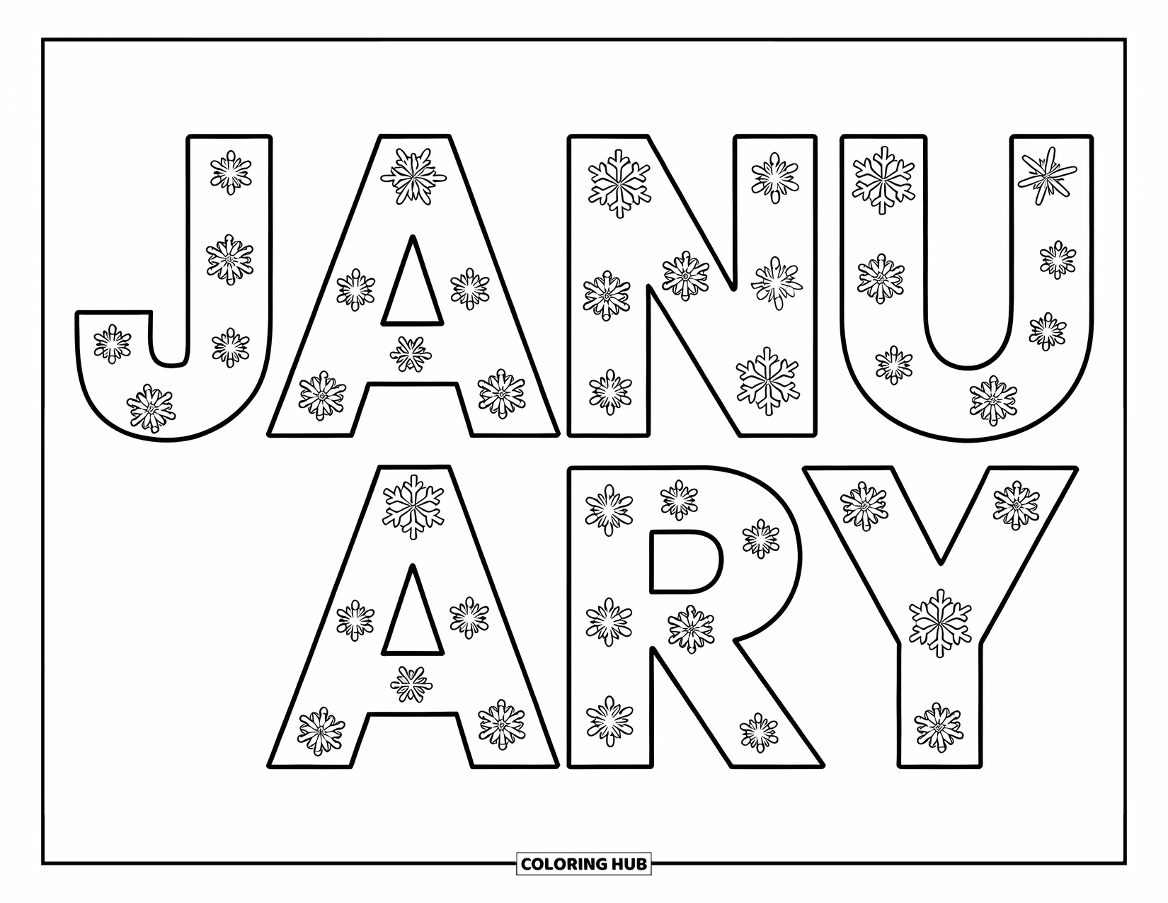 January Coloring Page for Kids: January letters packed with geometric and lacy snowflakes