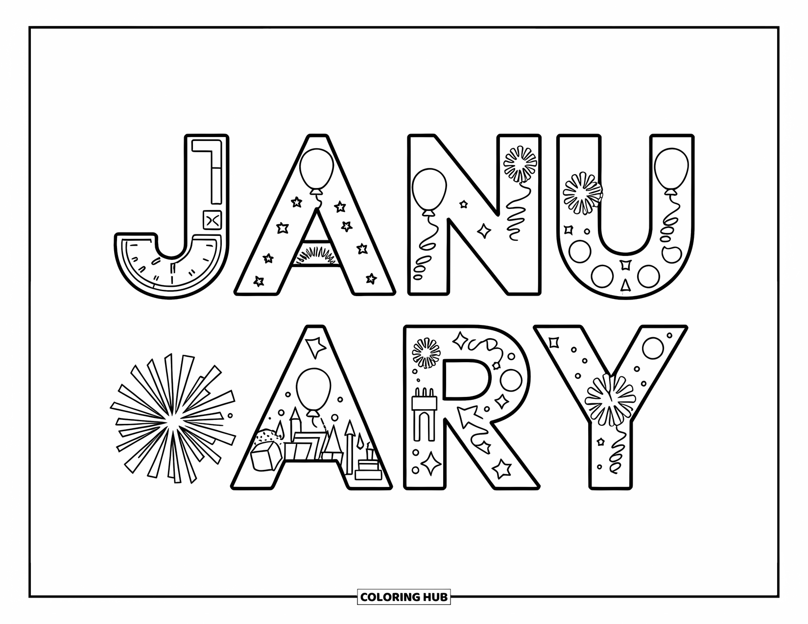 January Coloring Page for Kids: January letters sparkle with clocks, balloons, and festive fireworks