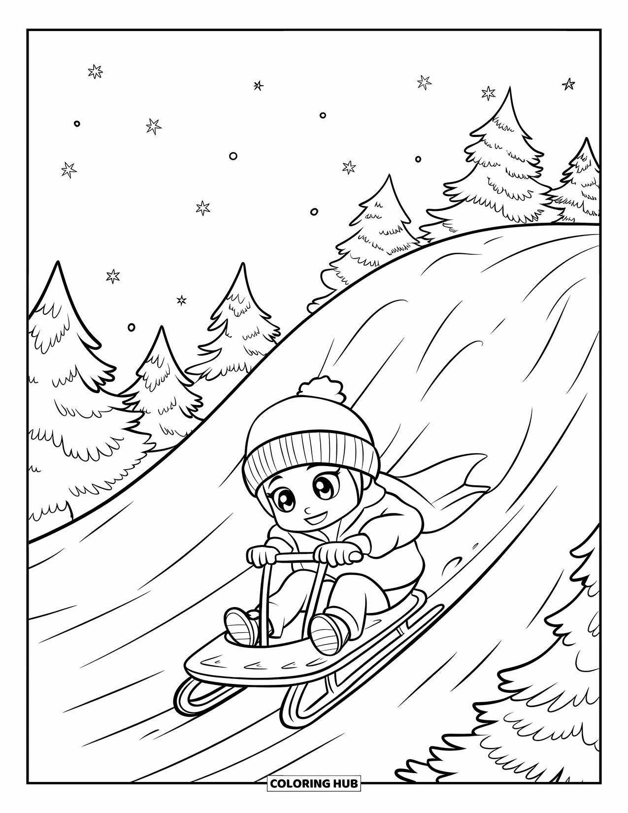 January Coloring Page for Kids: Kid on a sled rides downhill through the snowy forest
