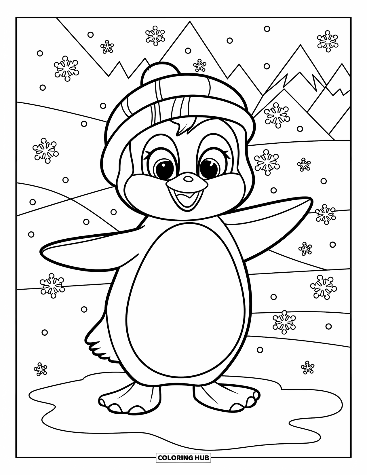 January Coloring Page for Kids: Penguin smiles under falling snow, wearing a cozy hat