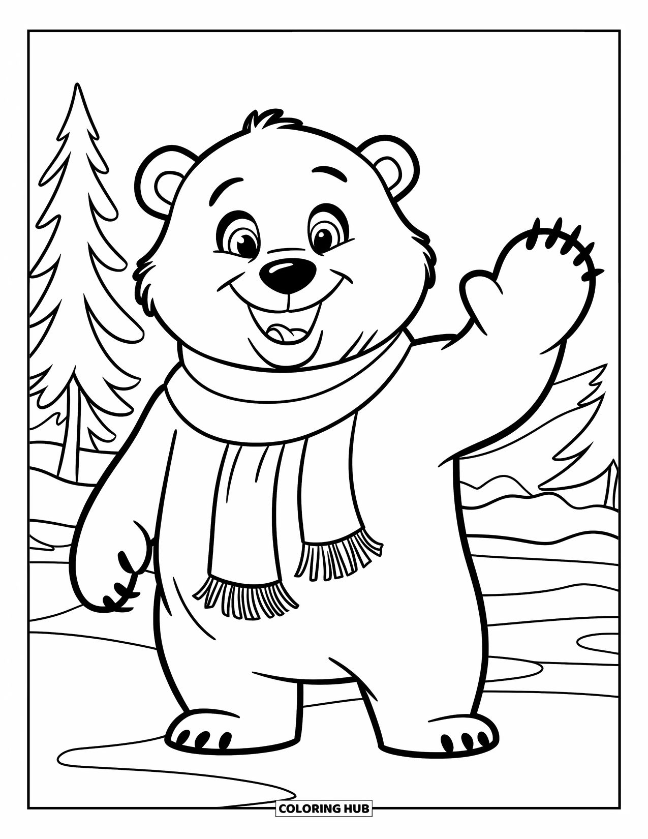 January Coloring Page for Kids: Polar bear in a scarf waves while standing in a snowy landscape