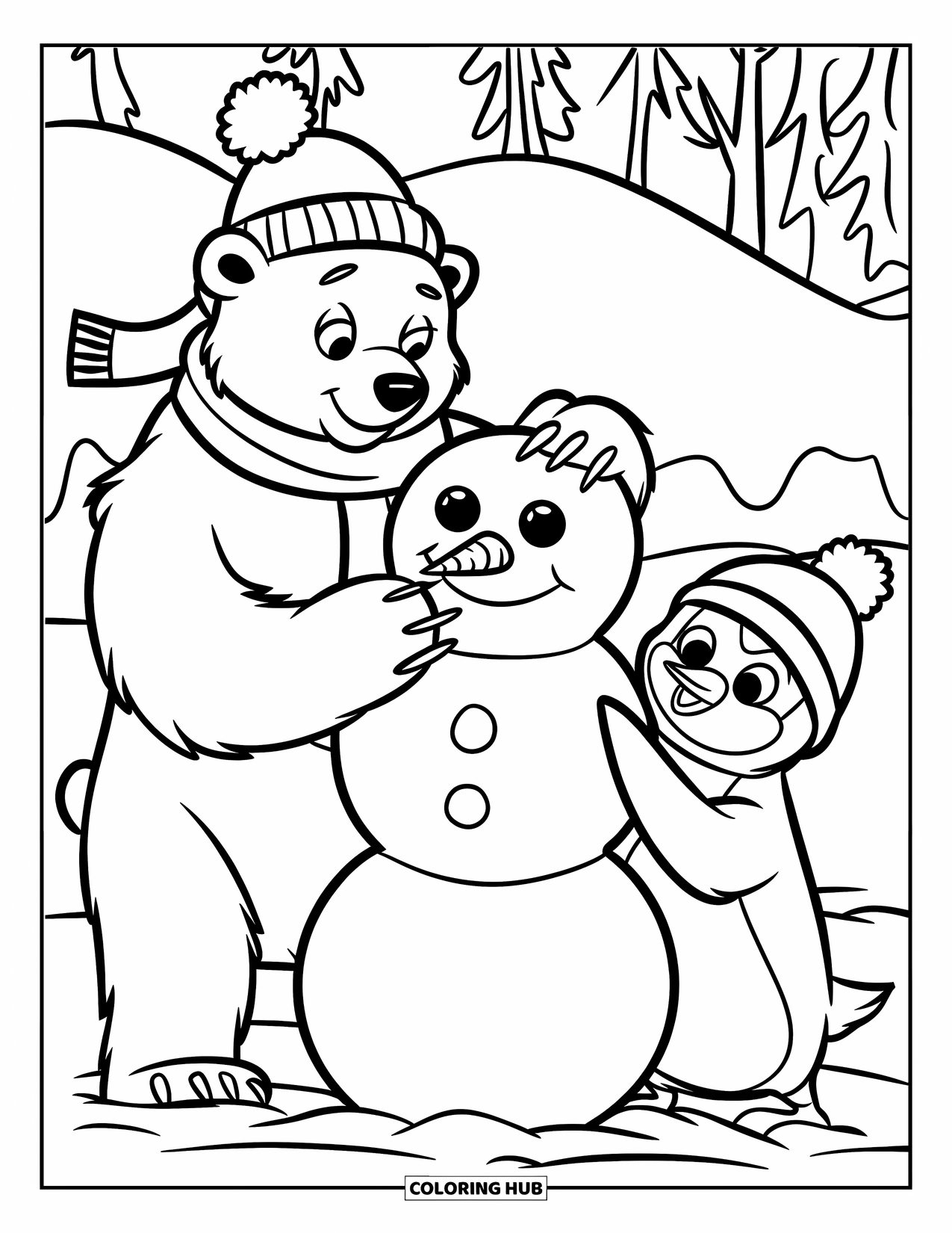 January Coloring Page for Kids: Smiling polar bear and penguin team up to build a snowman