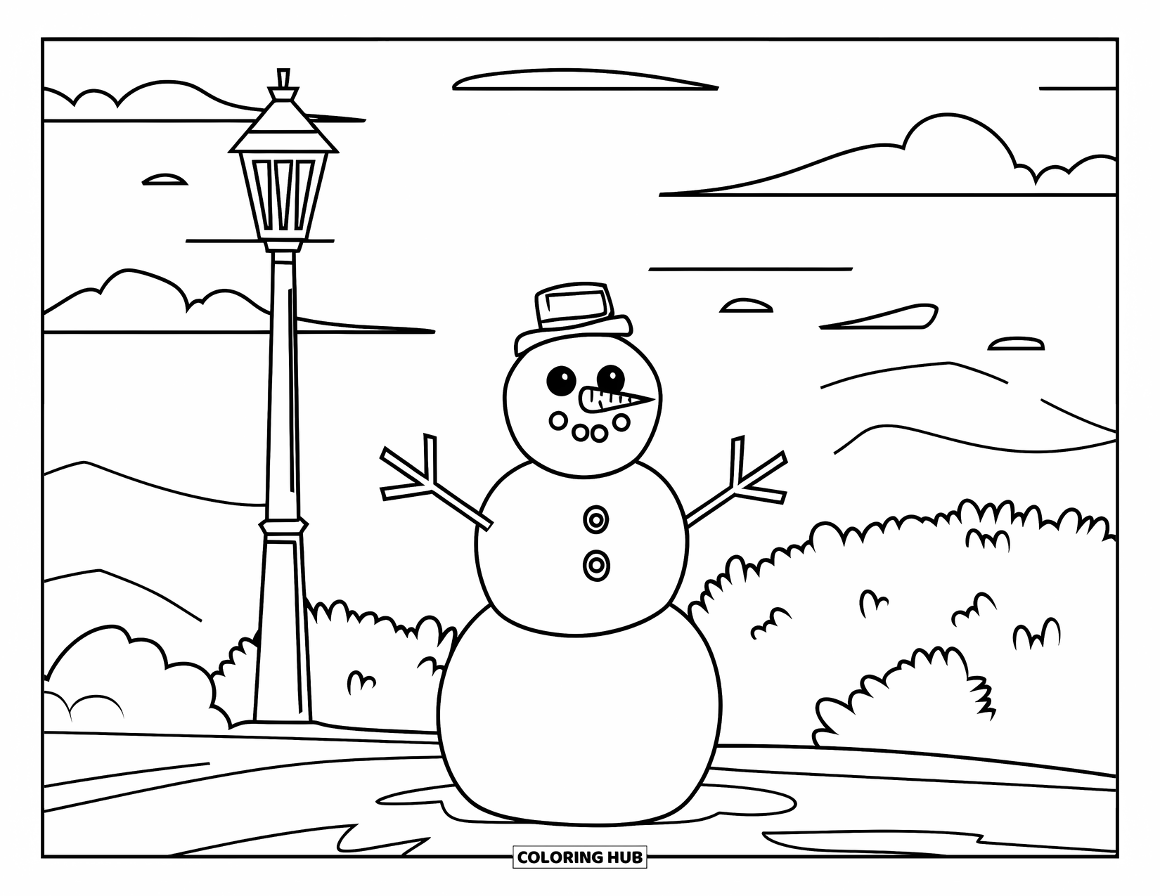 January Coloring Page for Kids: Snowman scene with clouds, lamp post, and soft snowy background