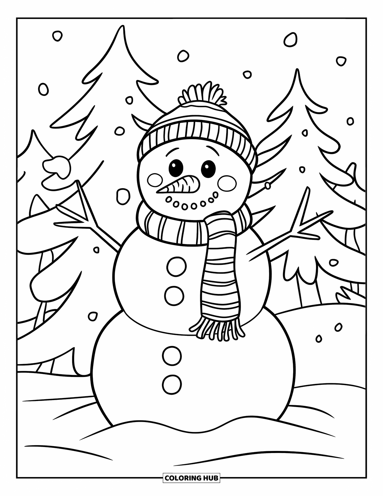 January Coloring Page for Kids: Snowman wearing a scarf stands cheerfully in the snow with pine trees behind