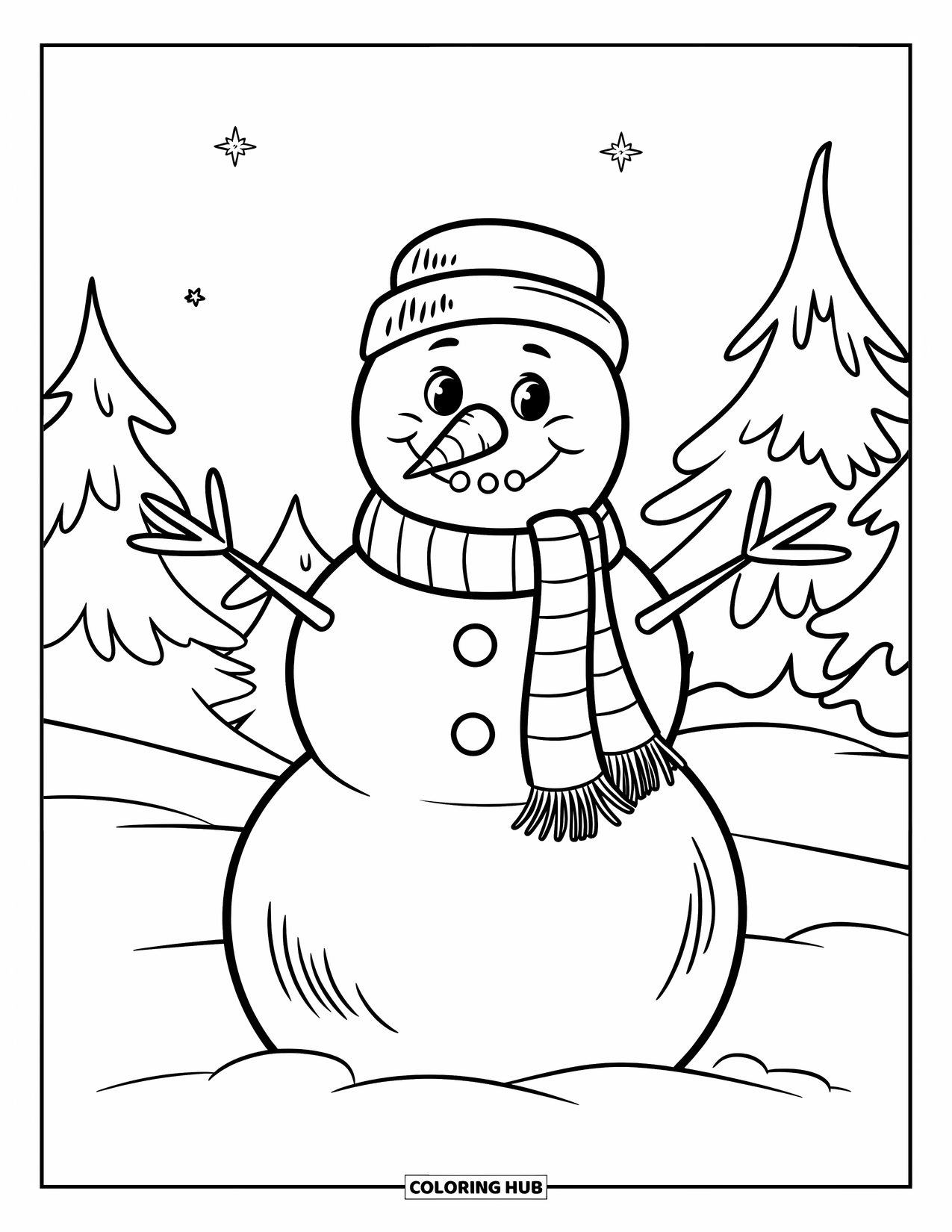 January Coloring Page for Kids: Snowman with carrot nose and scarf stands in a snowy pine forest