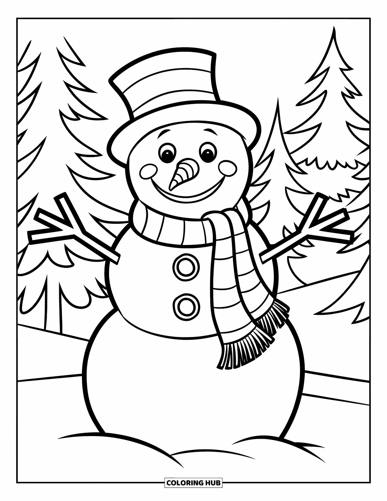 January Coloring Page for Kids: Snowman with stick arms in a snowy pine tree setting