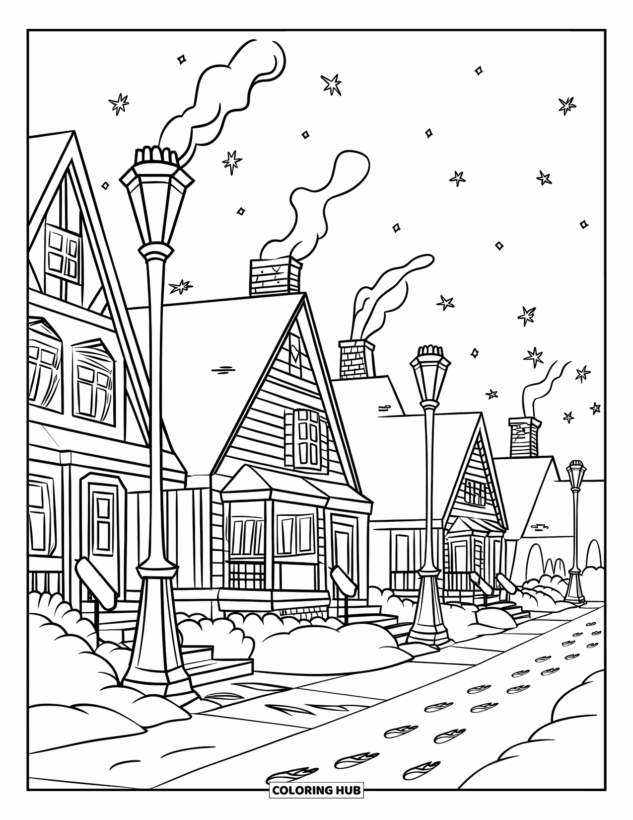 January Coloring Page for Kids: Snowy night street lined with glowing homes and tall trees