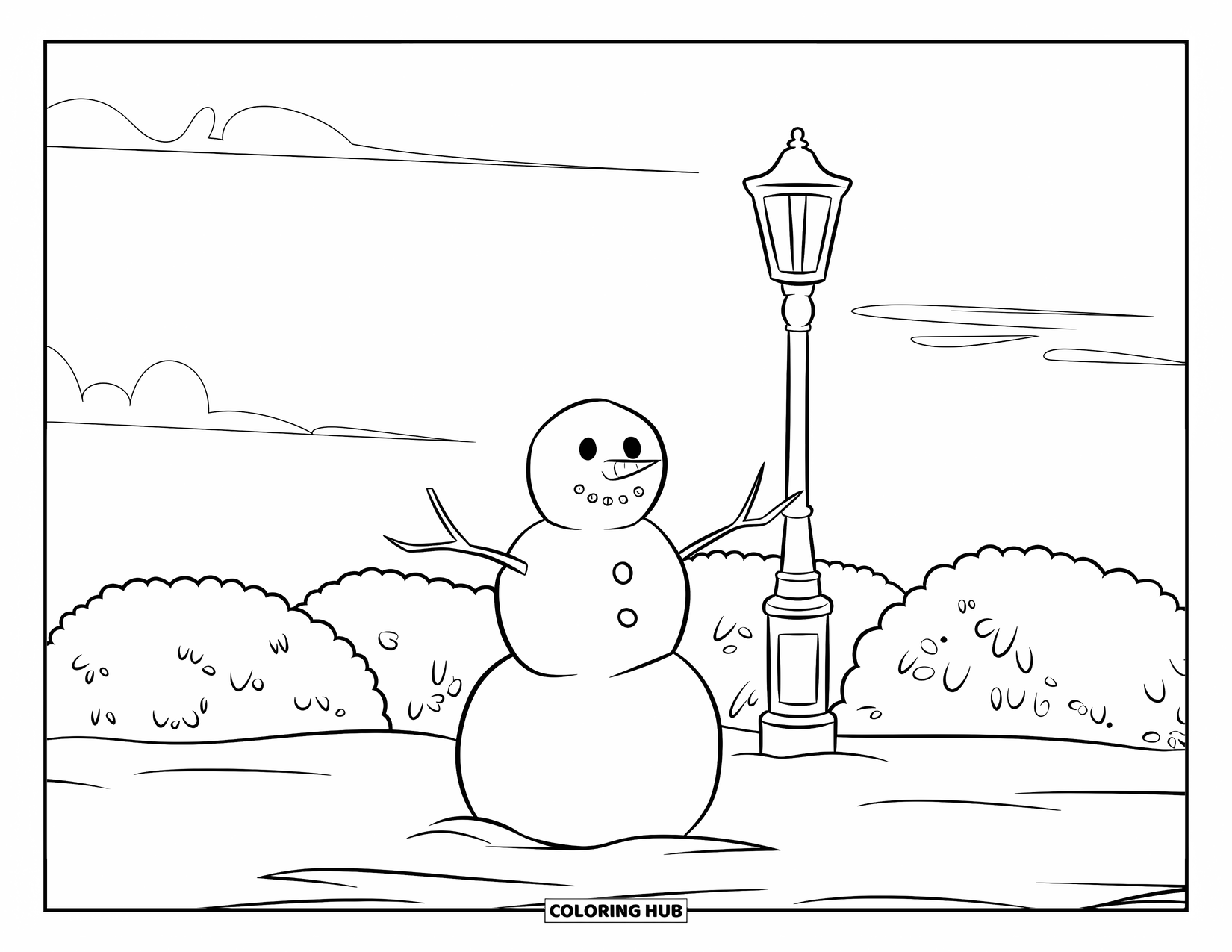 January Coloring Page for Kids: Tiny snowman under clouds with a glowing lamp post nearby