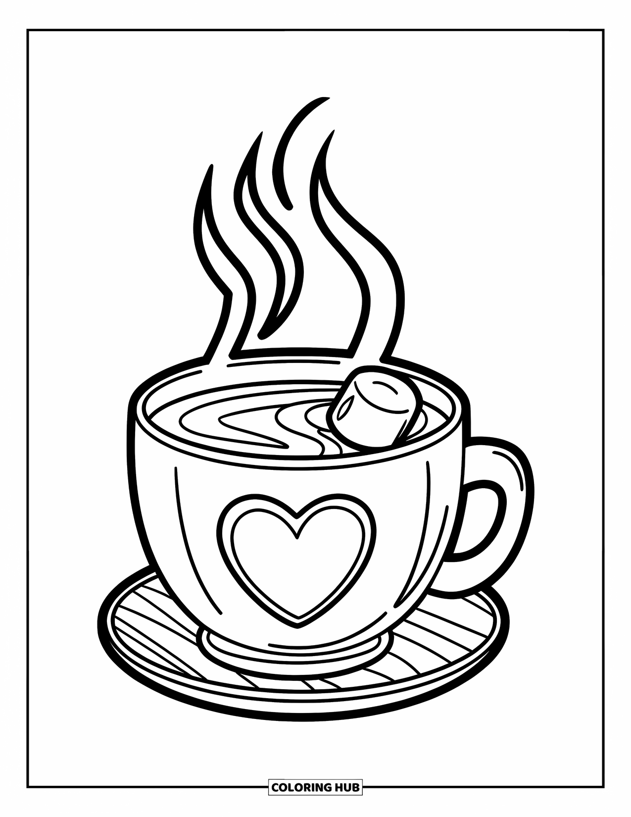 January Coloring Page for Kids: Warm cocoa in a heart mug with steam rising and a spoon nearby