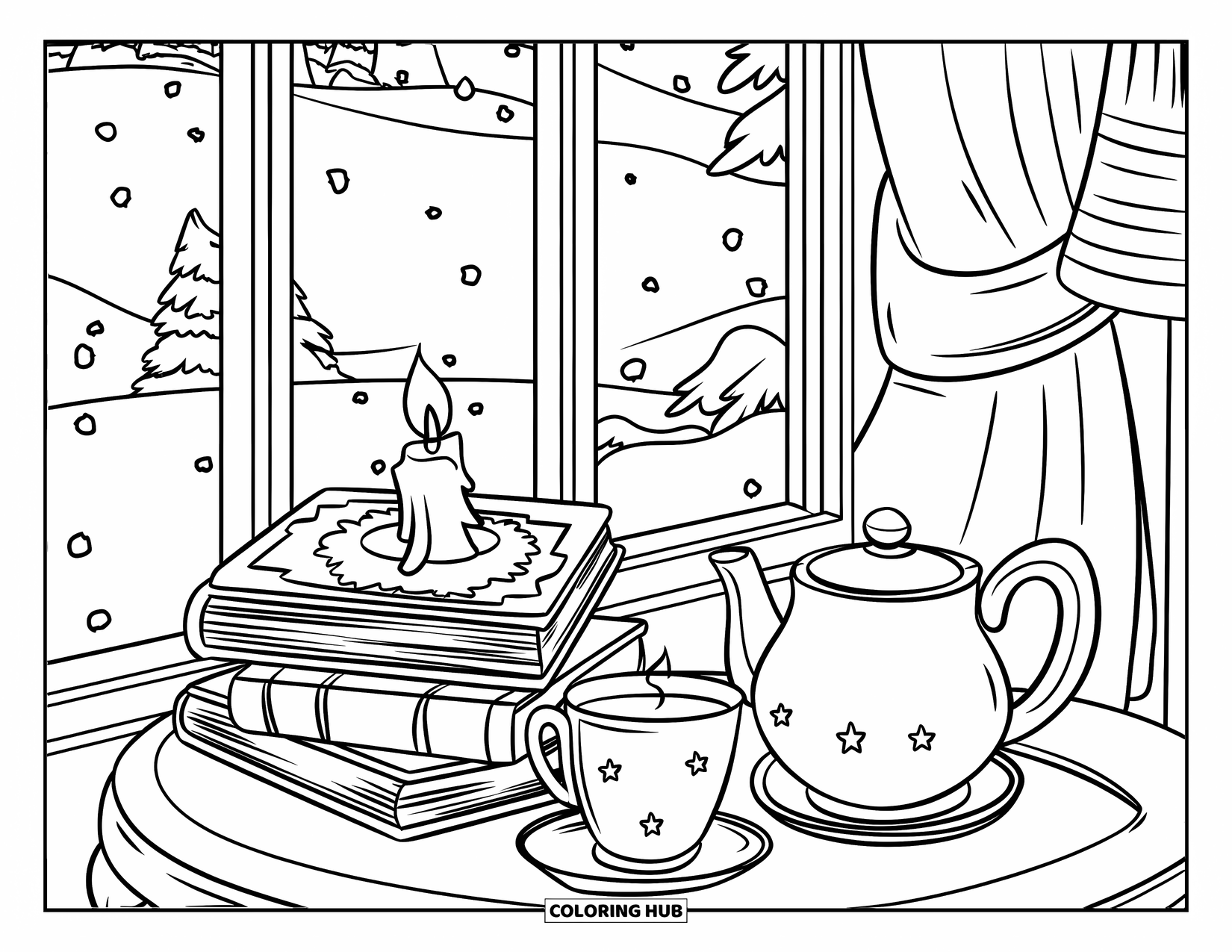 January Coloring Page for Kids: Window scene with tea, books, and snow-covered trees
