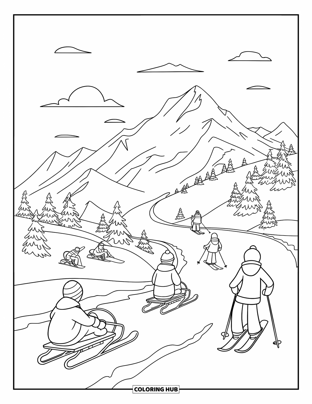 January Coloring Page for Kids: Winter mountain scene with sledders, skiers, and snowy trees under a clear sky