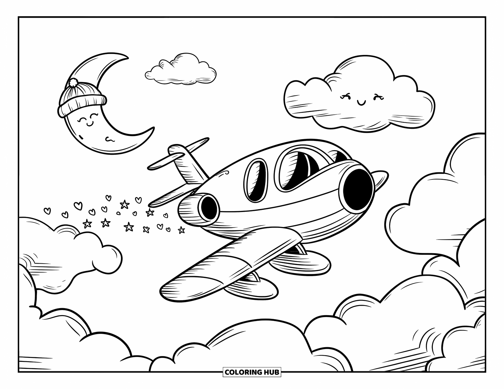 Jet Coloring Page for Adults: A chubby jet drifts through clouds with tiny hearts, stars, and a happy moon