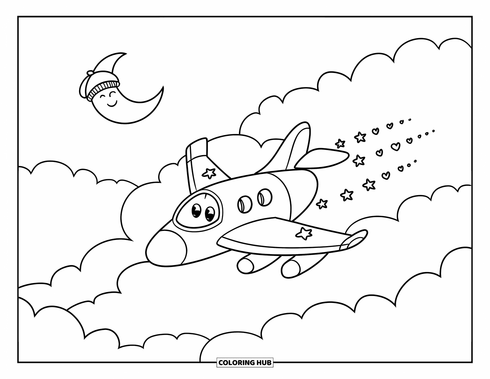 Jet Coloring Page for Adults: A chubby jet floats through soft clouds with hearts, stars, and a sleepy moon