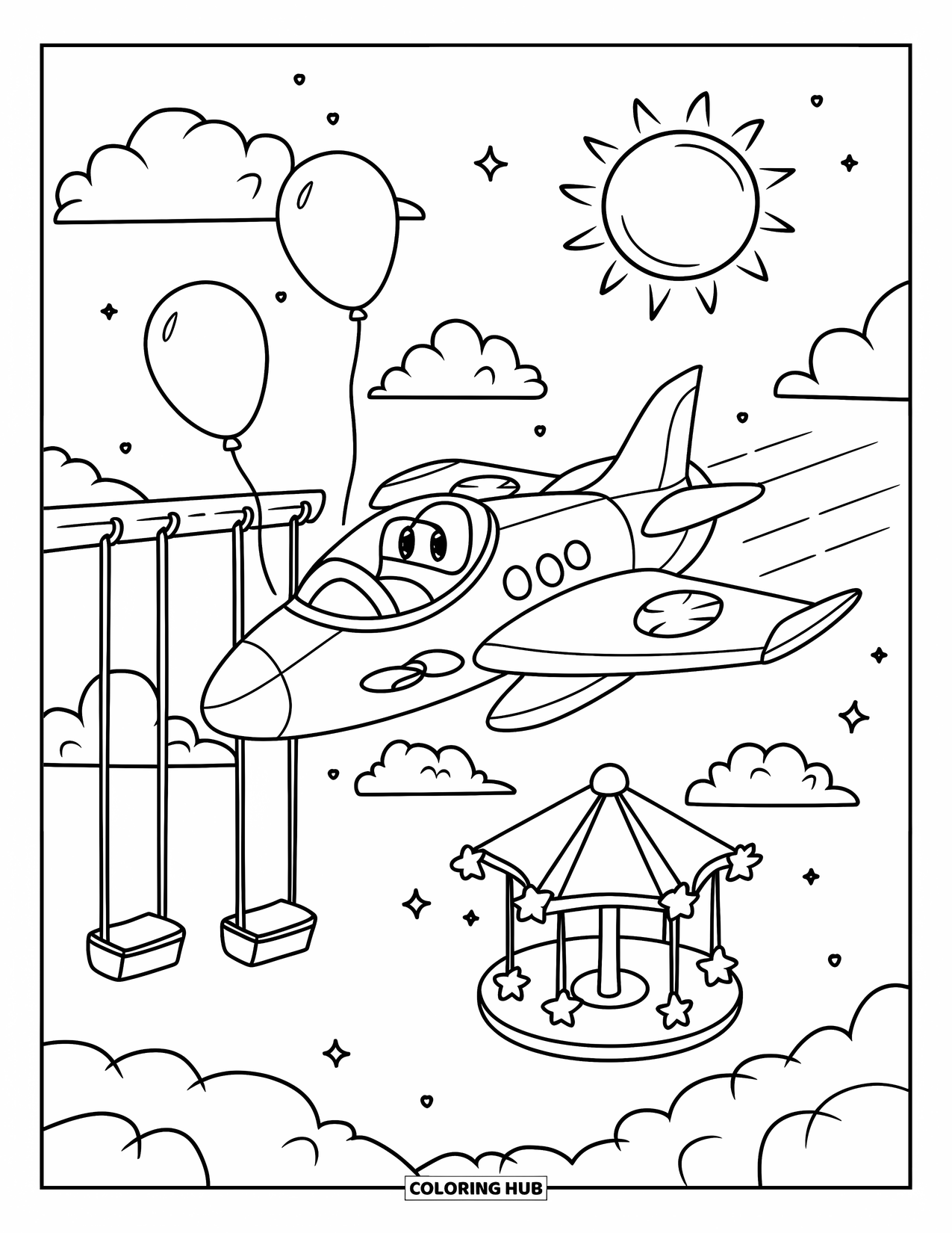 Jet Coloring Page for Adults: A chubby jet glides over fluffy clouds and a sunny sky playground with swings