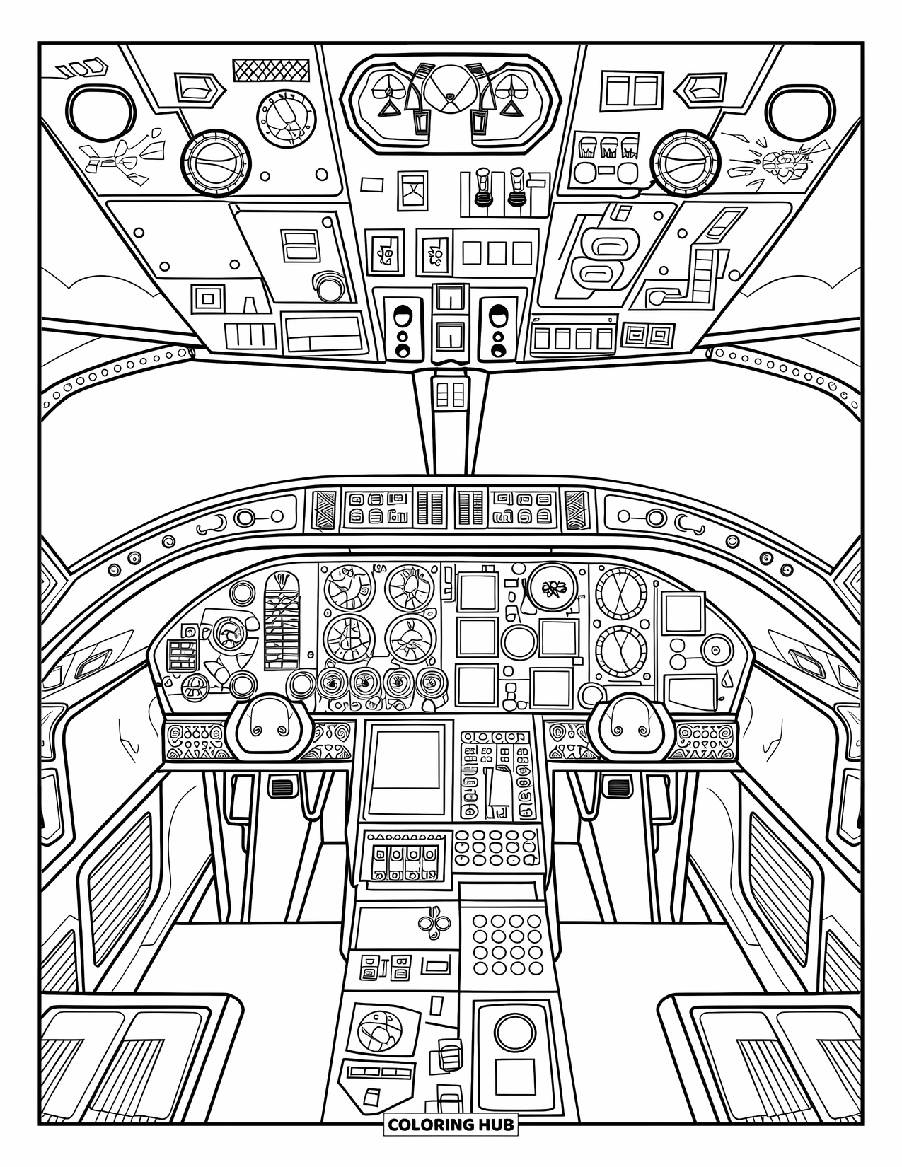 Jet Coloring Page for Adults: A cockpit full of dials and switches offers a relaxing, detailed design