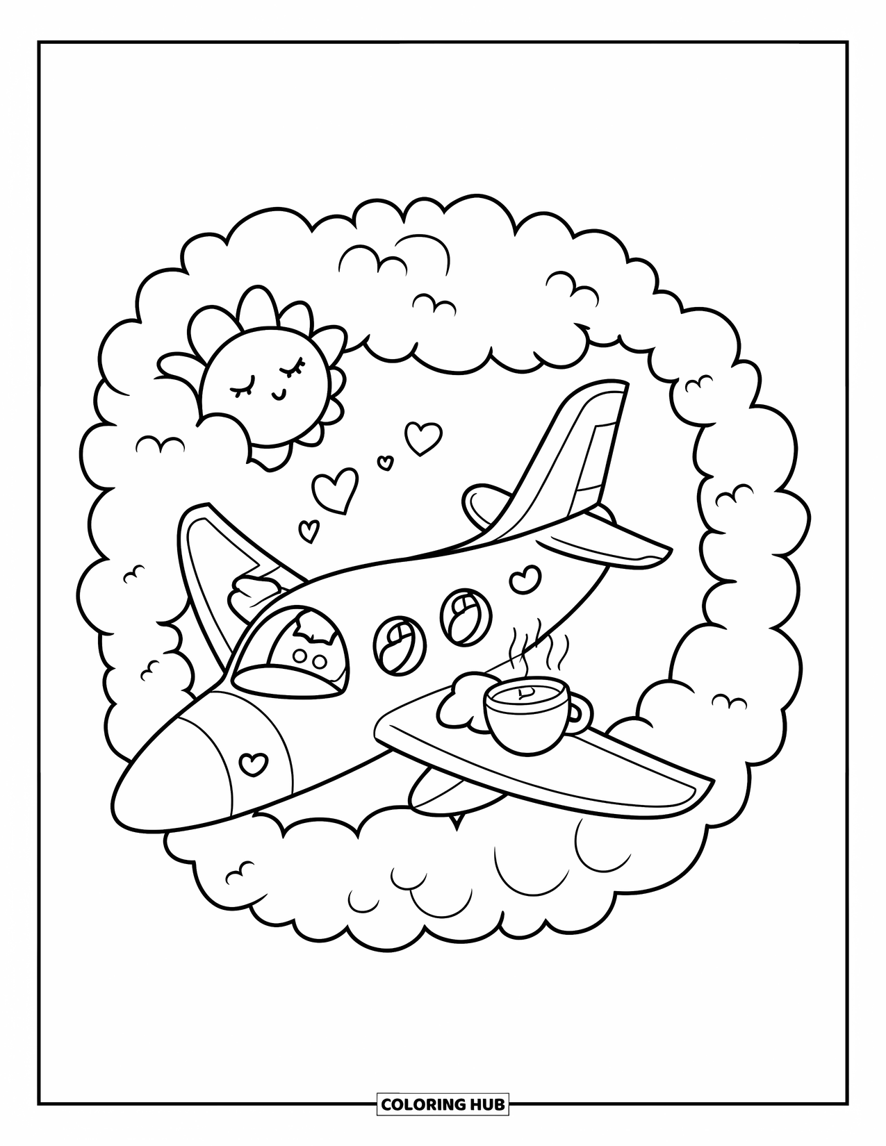 Jet Coloring Page for Adults: A cozy jet naps on a cloud hammock with a pillow, tea, and a sleepy sun