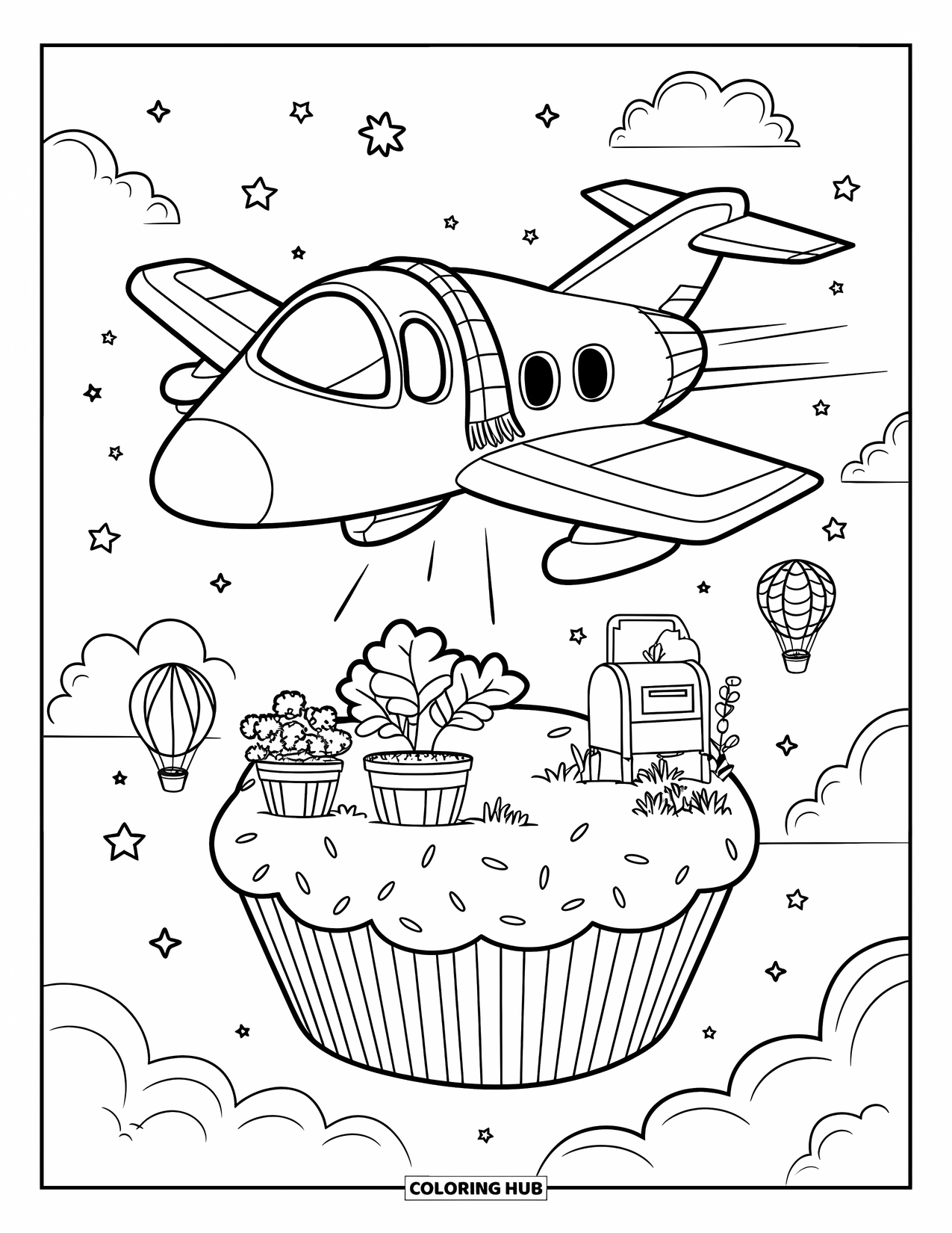 Jet Coloring Page for Adults: A cozy jet with a scarf drifts above a cupcake island, plants, balloons, stars, and sparkles