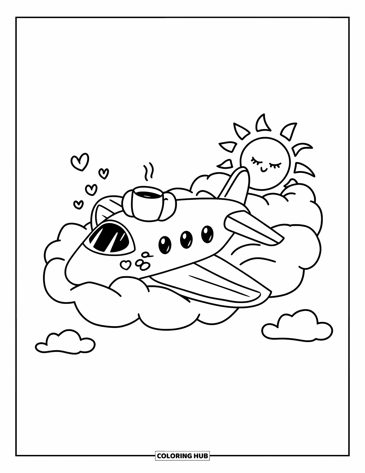 Jet Coloring Page for Adults: A cute jet rests at a cloud stop on a fluffy hammock with tea and a pillow