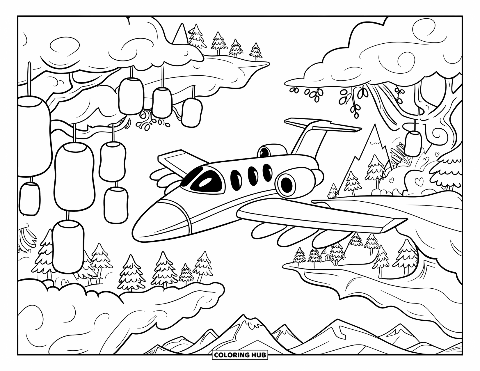 Jet Coloring Page for Adults: A friendly jet sails past floating islands, soft bridges, lanterns, and distant mountains