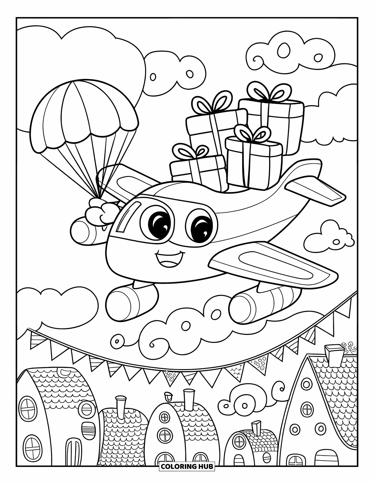 Jet Coloring Page for Adults: A happy jet holds a parachute and drops gifts over a playful town with bunting flags