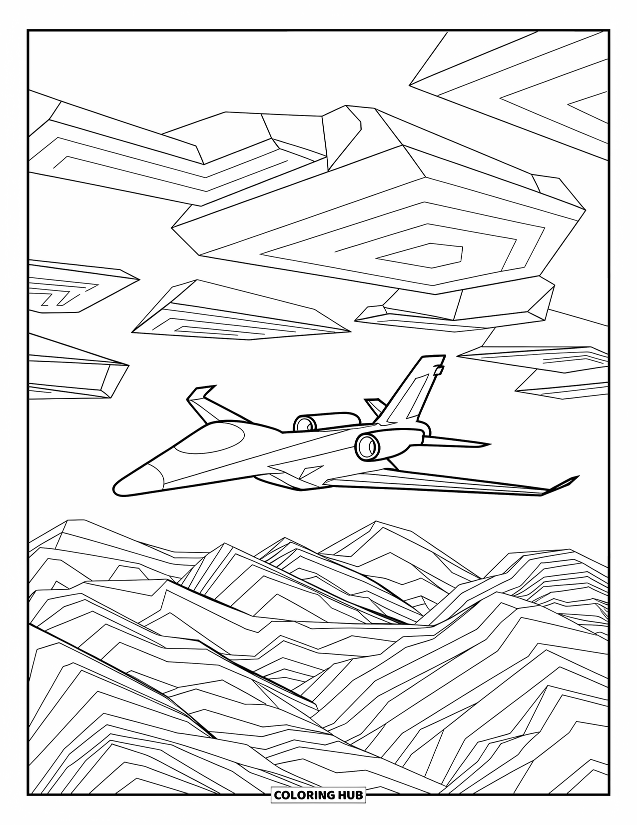 Jet Coloring Page for Adults: A jet flies above terraced mountains under angled geometric clouds and open sky