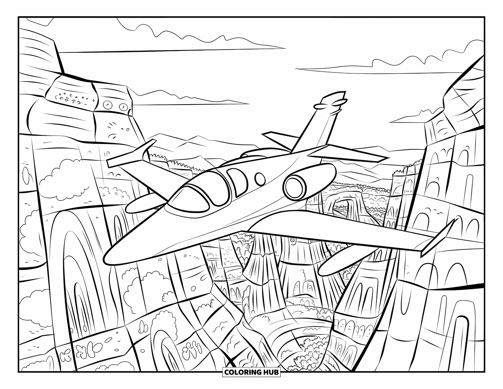 Jet Coloring Page for Adults: A jet flies low through a canyon with rock carvings, arches, and distant mountains