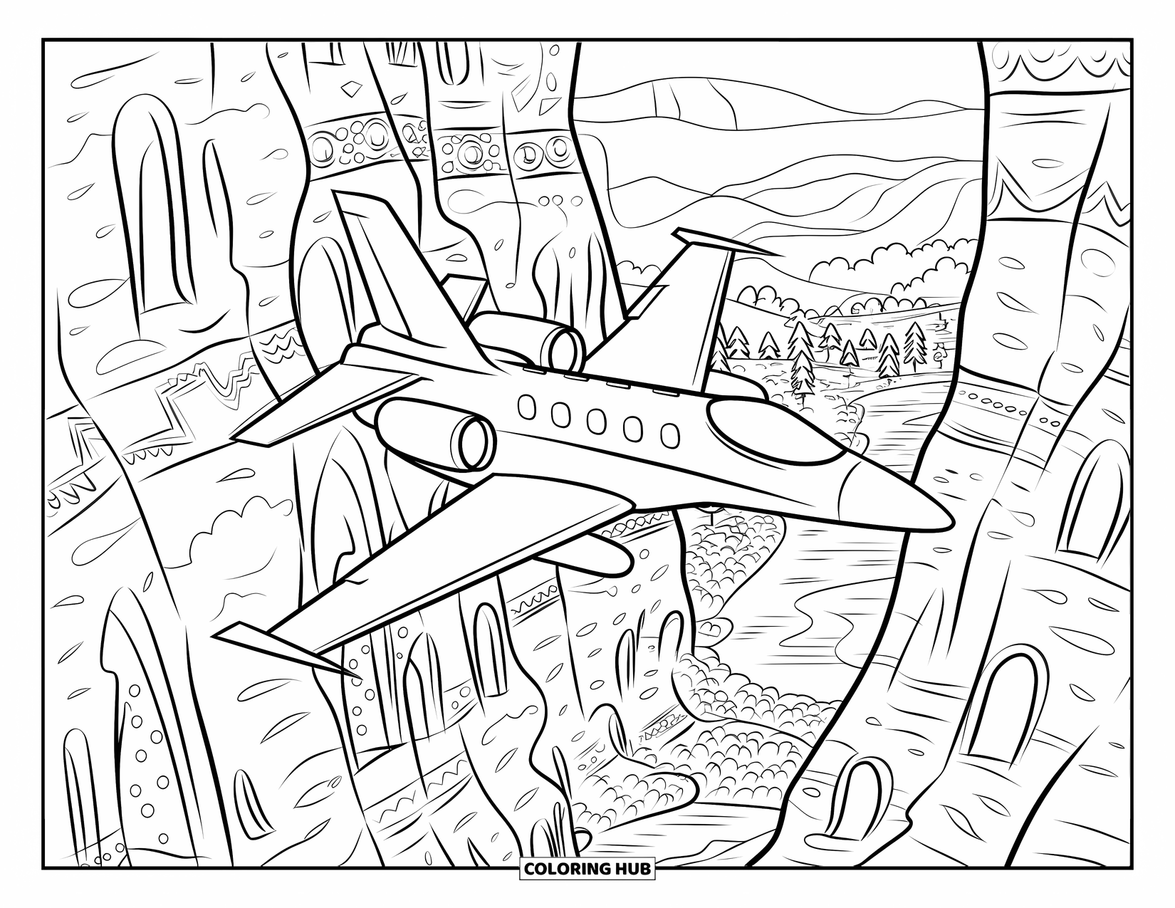 Jet Coloring Page for Adults: A jet glides through a canyon of carved walls, natural arches, and calm mountains
