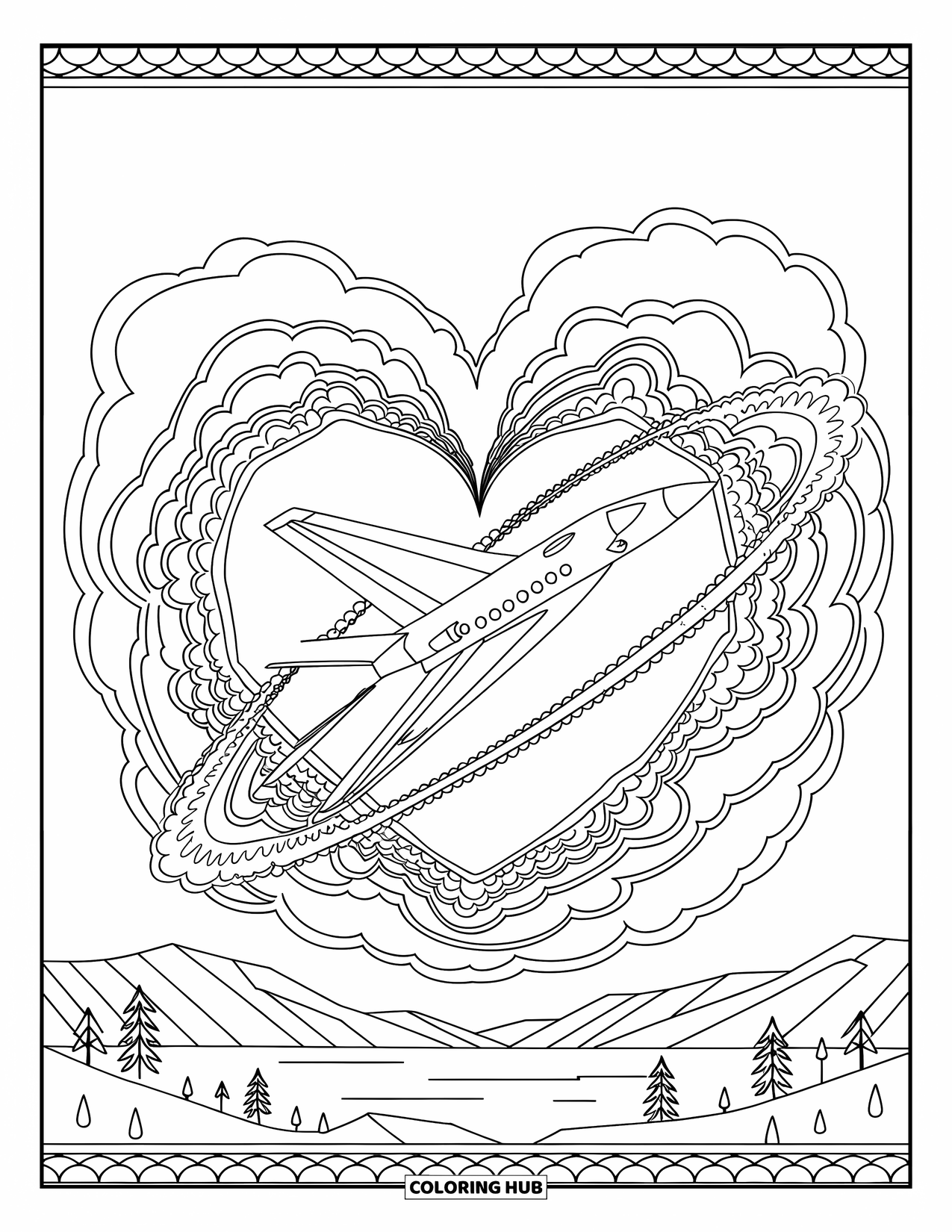 Jet Coloring Page for Adults: A jet spirals through smoke-like fractal rings above mountains and water