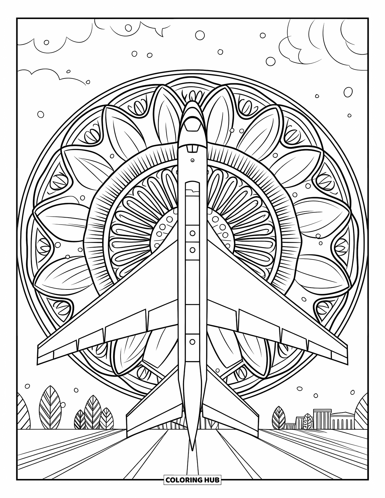 Jet Coloring Page for Adults: A parked jet from above rests on a runway within a mandala-inspired sky pattern