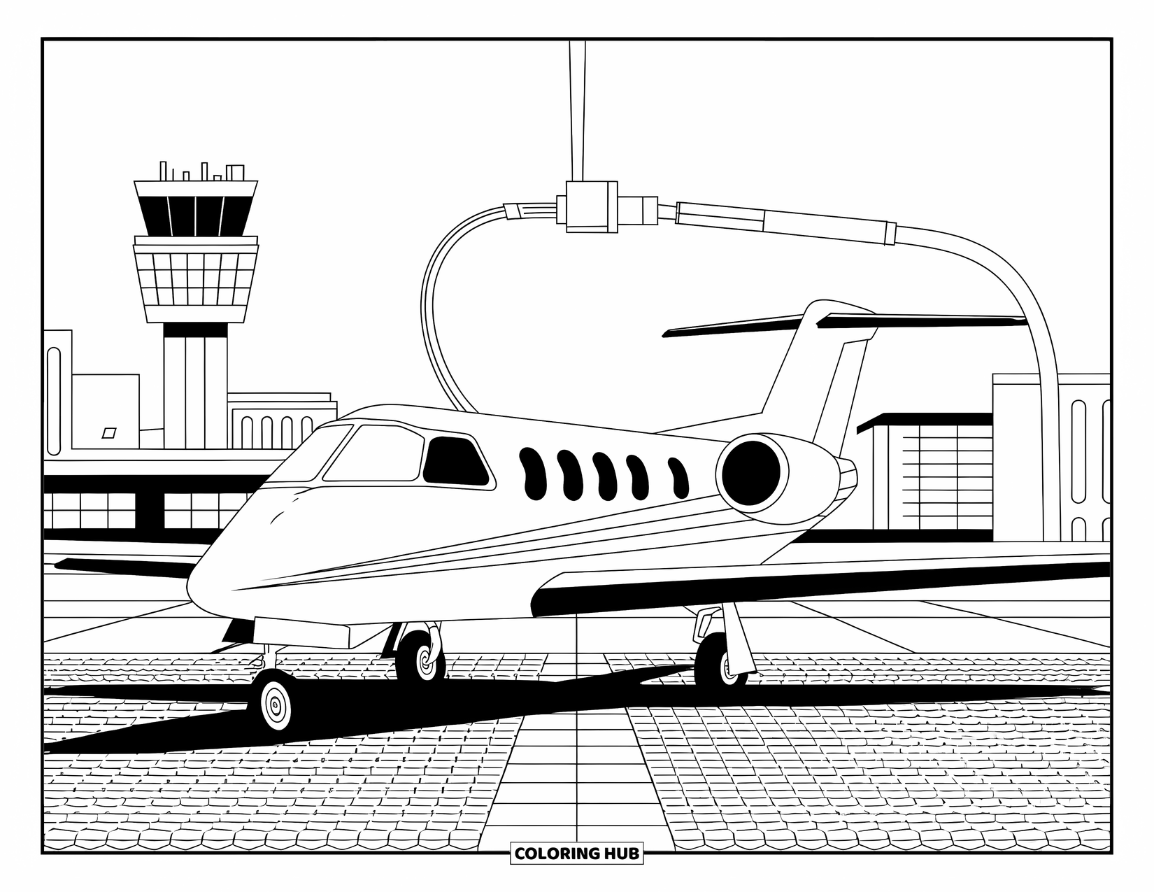 Jet Coloring Page for Adults: A parked jet refuels under an overhead arm on patterned airport tiles