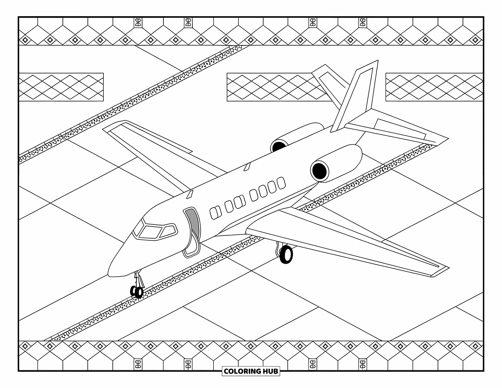 Jet Coloring Page for Adults: A parked jet with fueling arm rests on checkerboard airport tiles and border