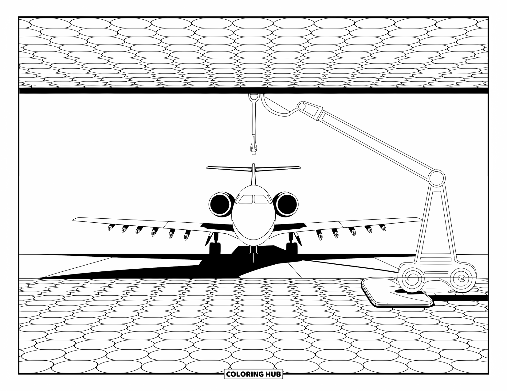 Jet Coloring Page for Adults: A parked jet with fueling arm sits on tiled airport floors with repeating circles