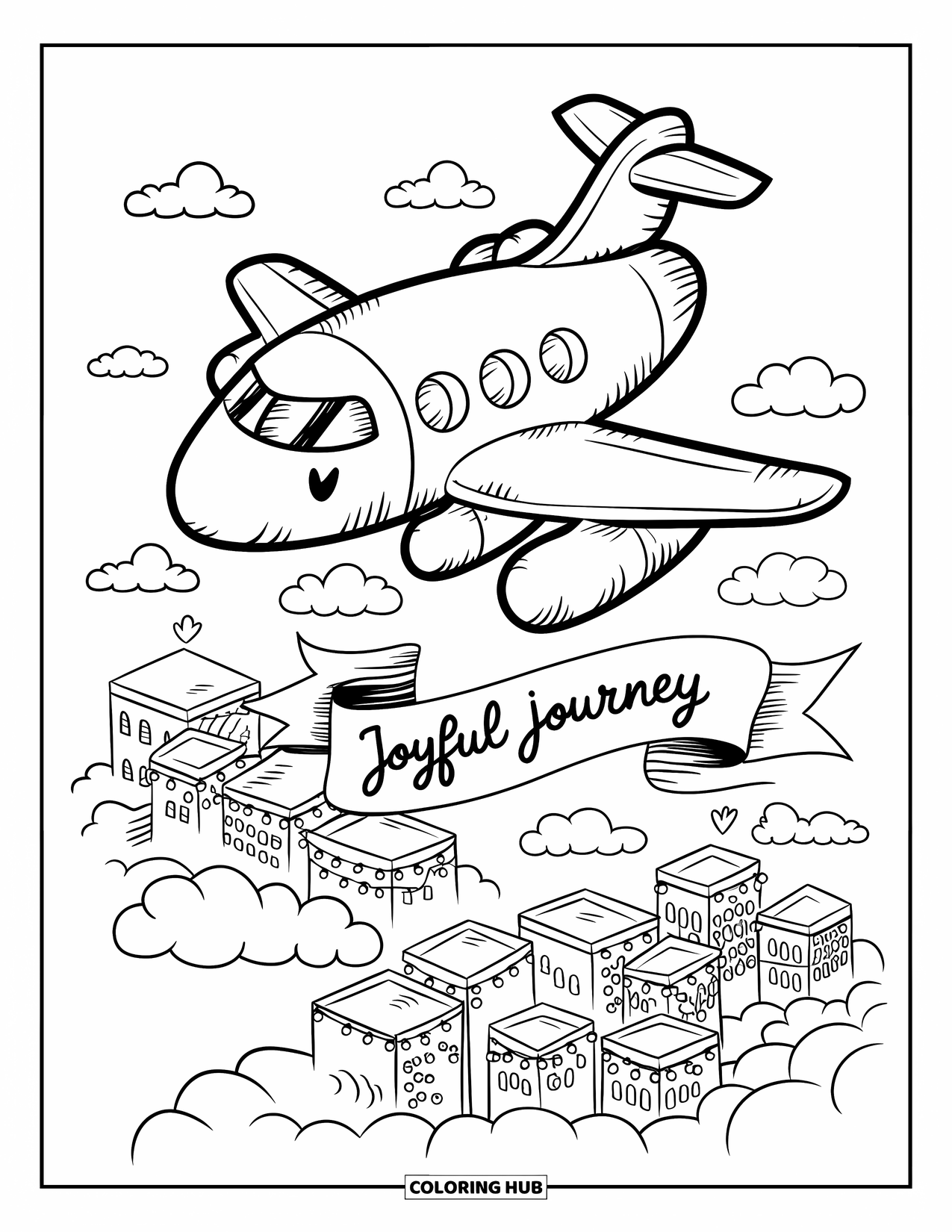 Jet Coloring Page for Adults: A plush toy jet flies above a marshmallow-like cloud city with twinkling fairy lights