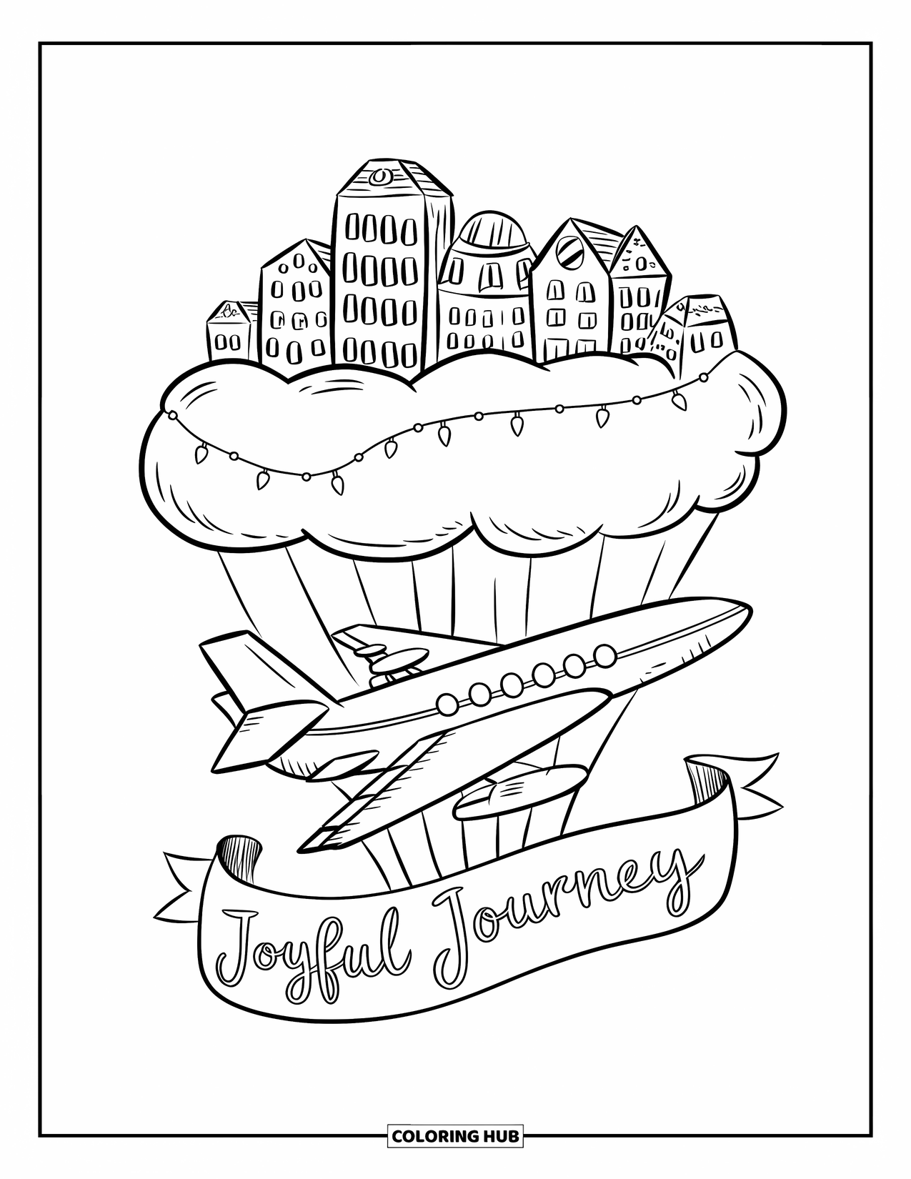 Jet Coloring Page for Adults: A soft plush jet floats over a cozy marshmallow city with fairy lights and a ìJoyful Journeyî banner