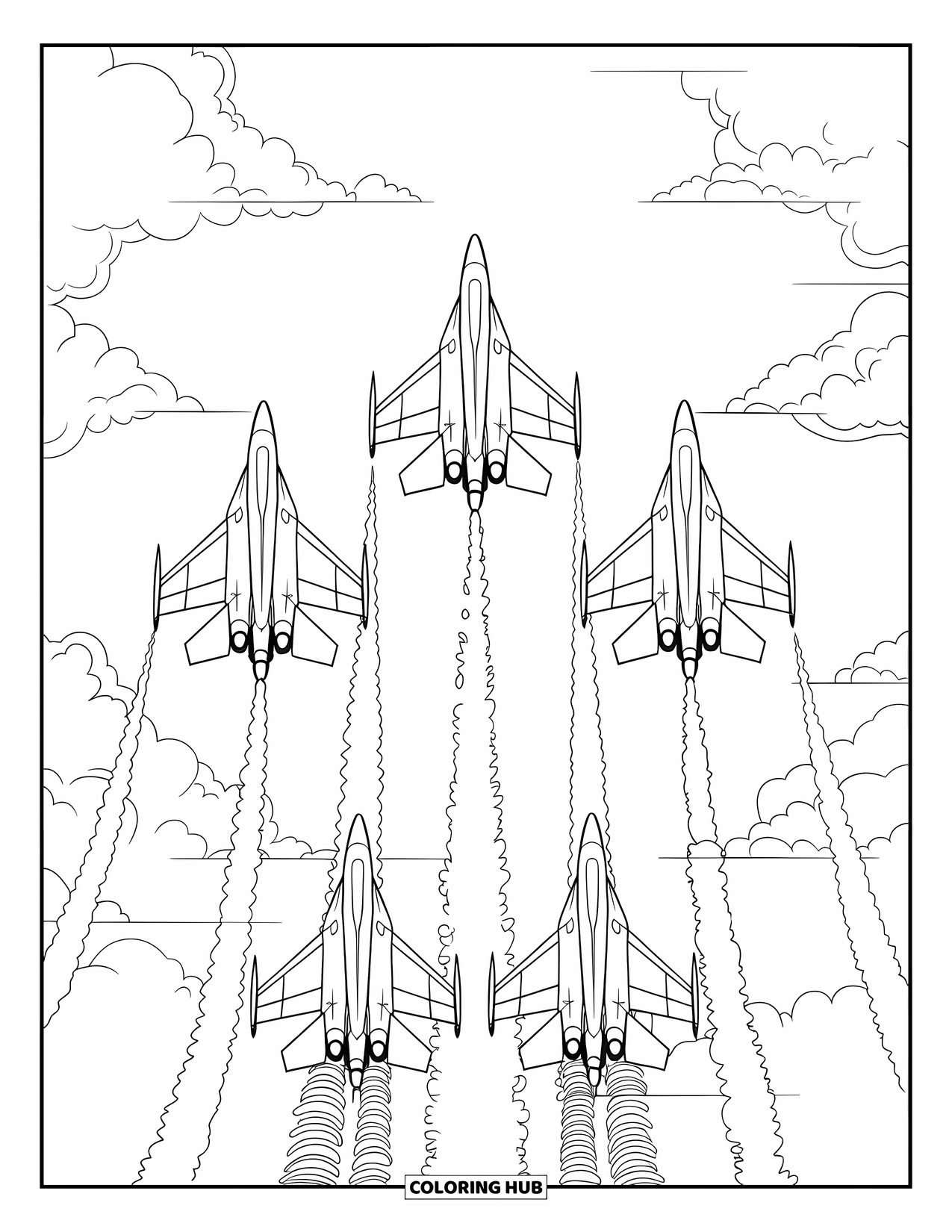 Jet Coloring Page for Adults: A squad of four jets soars above with spiraling trails and fluffy clouds
