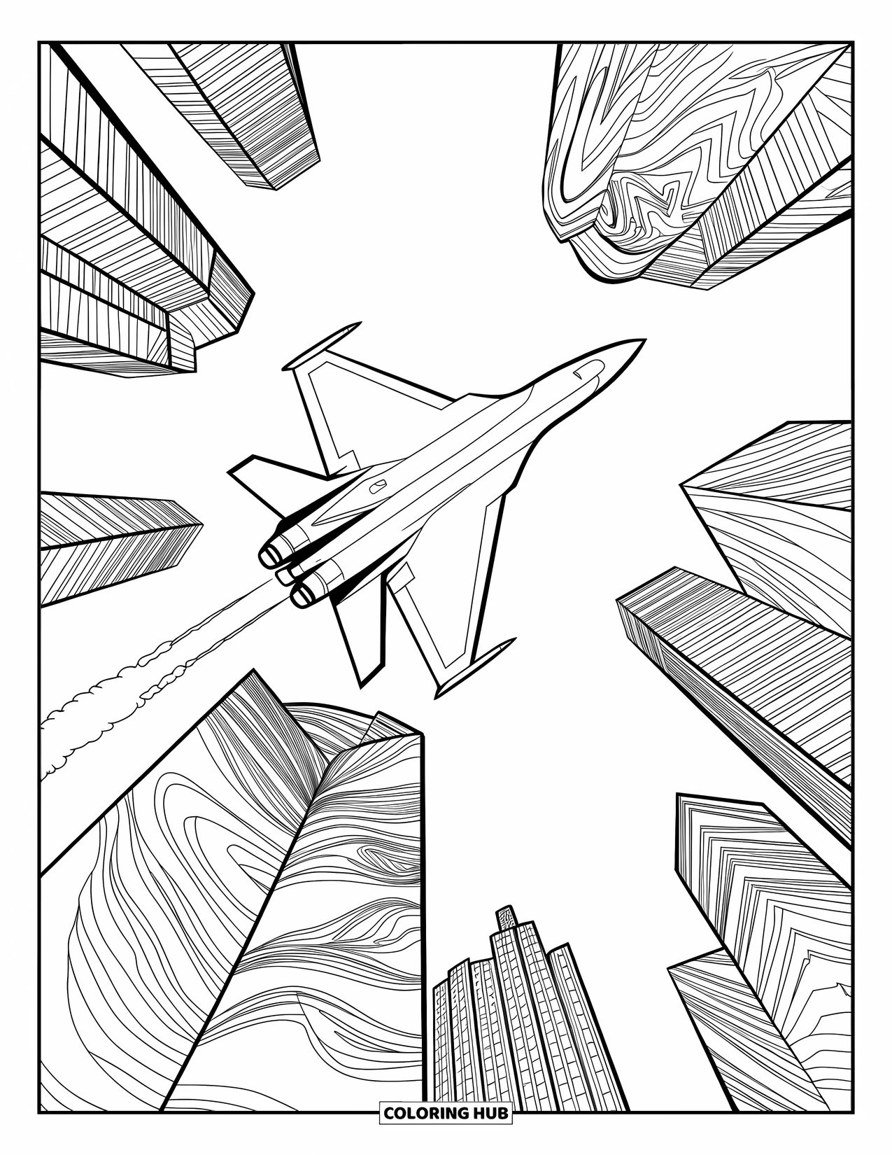 Jet Coloring Page for Adults: A stealth jet zips between patterned skyscrapers leaving a smoky trail behind
