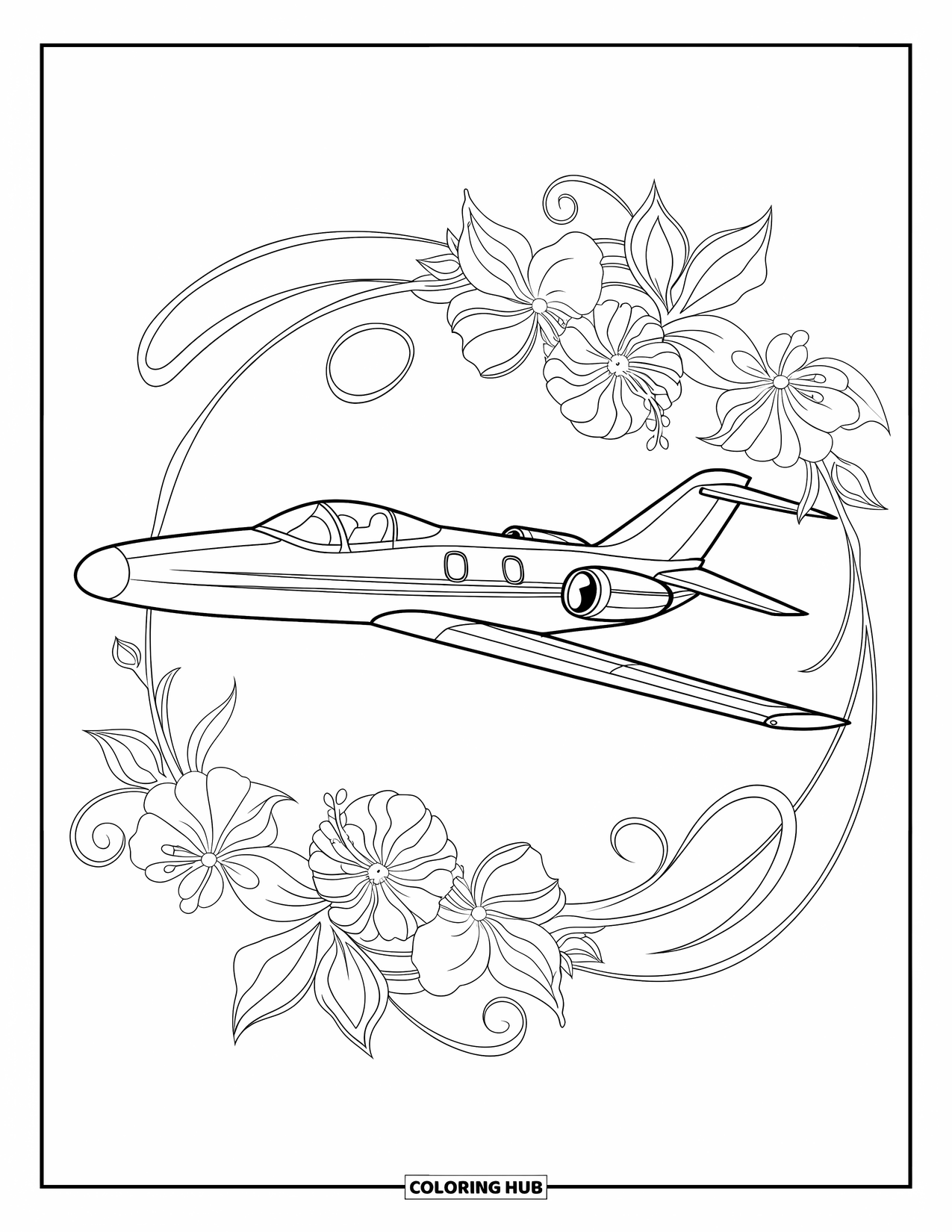 Jet Coloring Page for Adults: A vintage jet with blooming vines and swirls fills a peaceful white space