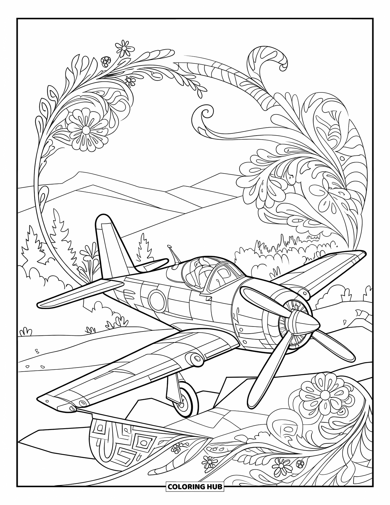 Jet Coloring Page for Adults: A vintage propeller jet rests among floral vines, swirls, and a calm landscape