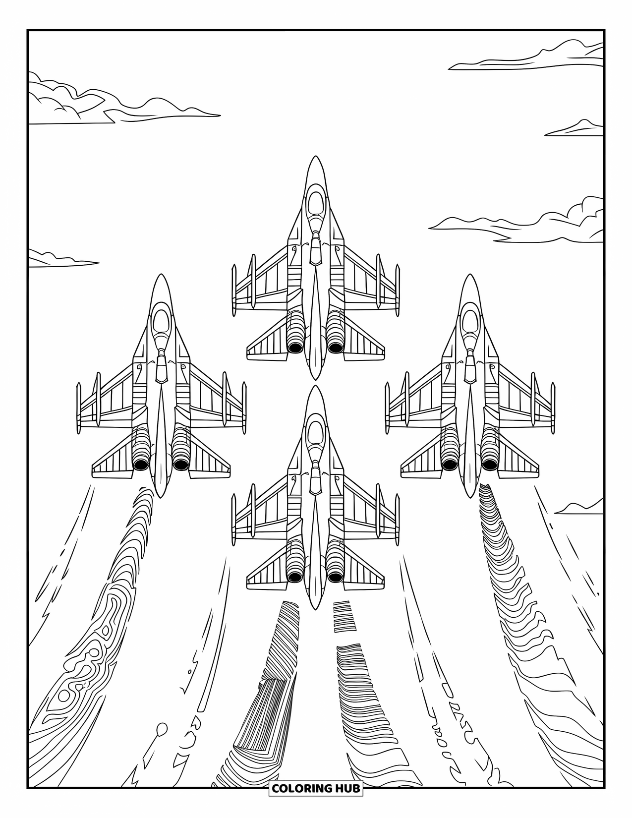Jet Coloring Page for Adults: Four fighter jets fly in formation leaving spiraling abstract trails behind