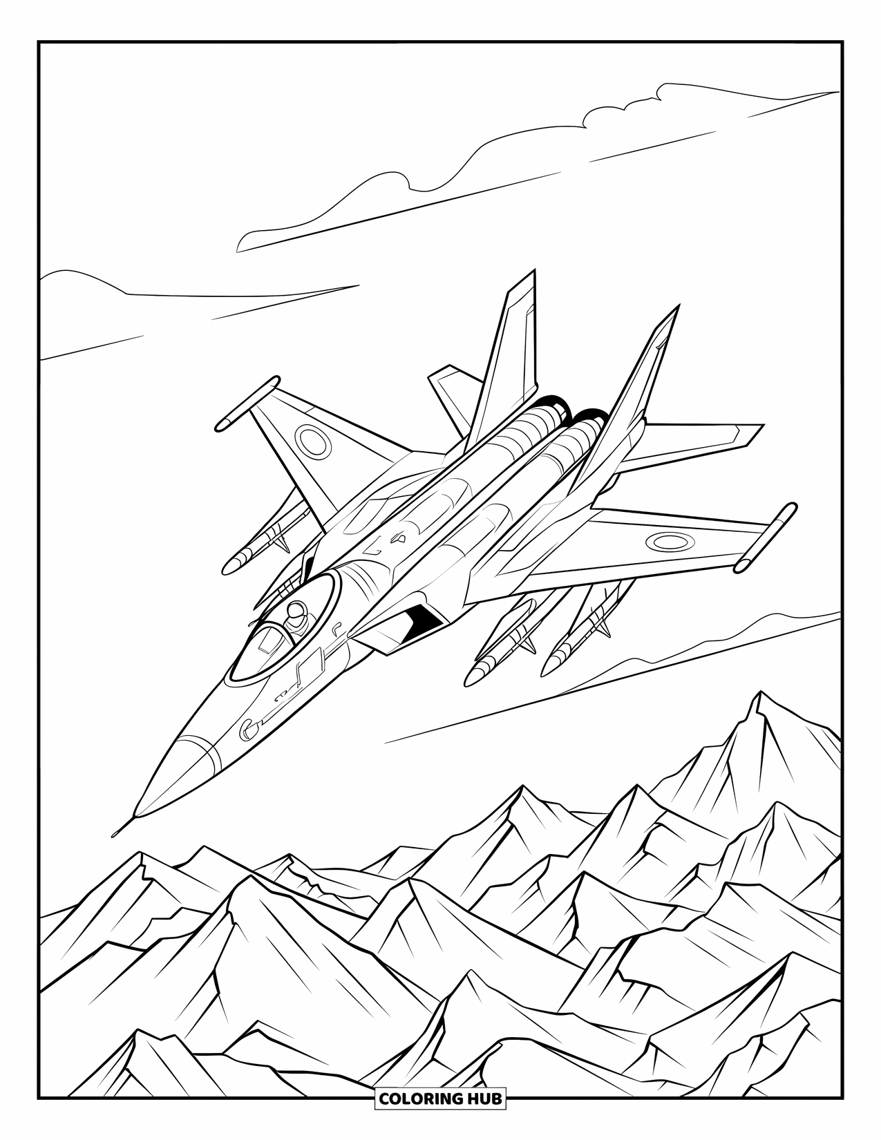 Jet Coloring Page for Kids: A fighter jet spins above sharp mountains with missiles attached below