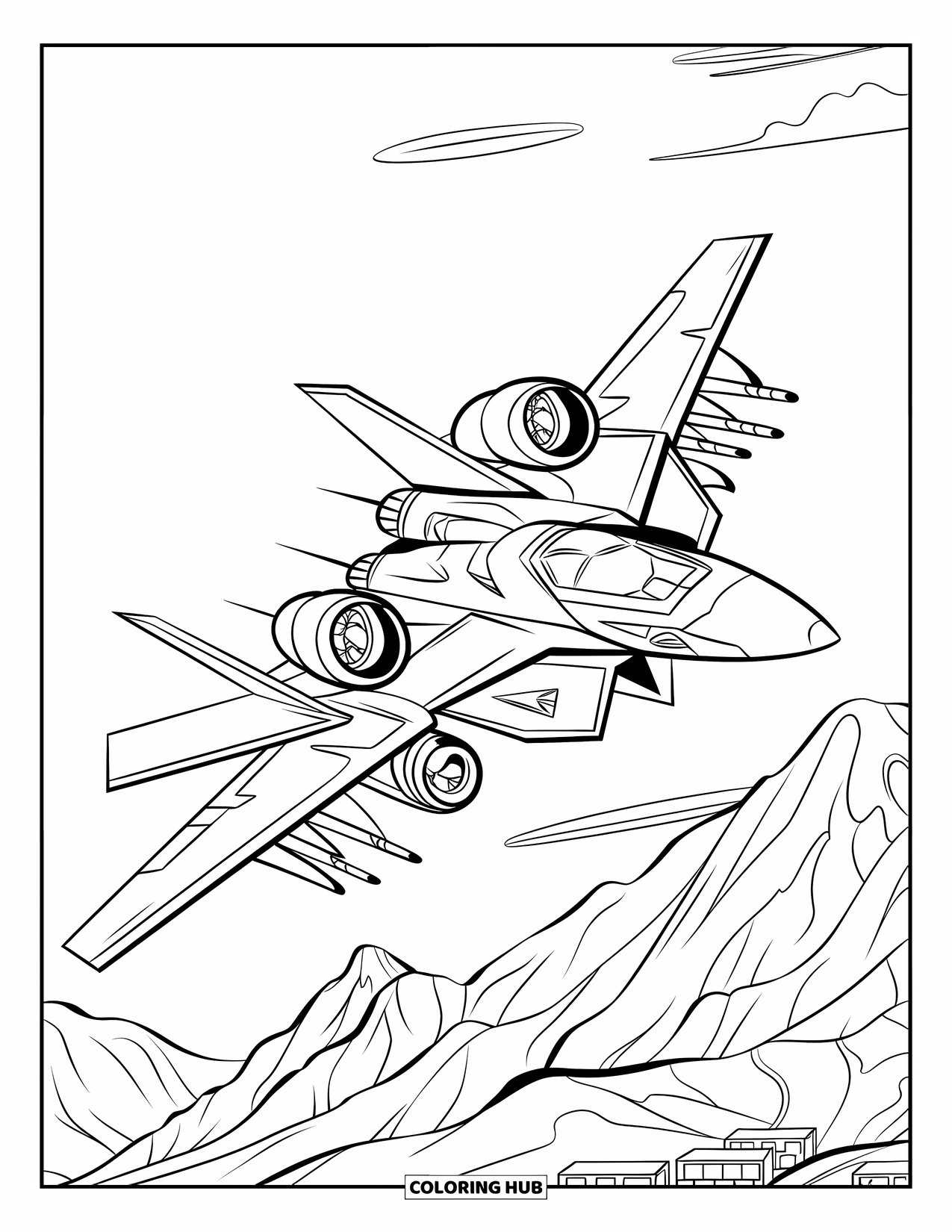 Jet Coloring Page for Kids: A futuristic jet performs tricks above rugged mountains and tiny buildings